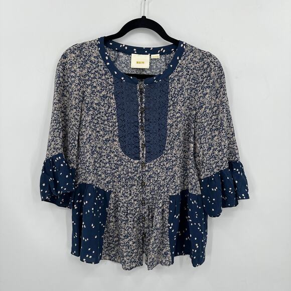 Anthropologie Maeve Navy Blue Hiver Lace Bib Front Blouse Size 4 - Picture 3 of 7